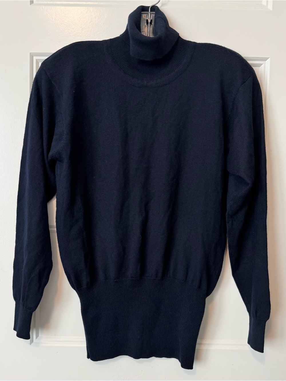 Bogner Navy Wool Blend Turtleneck Sweater Shoulder Pad Knit Top Size S